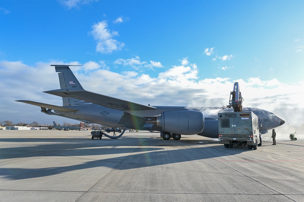 191st Aircraft Maintenance Squadron De-icing  KC-135 at Selfridge Air National Guard Base