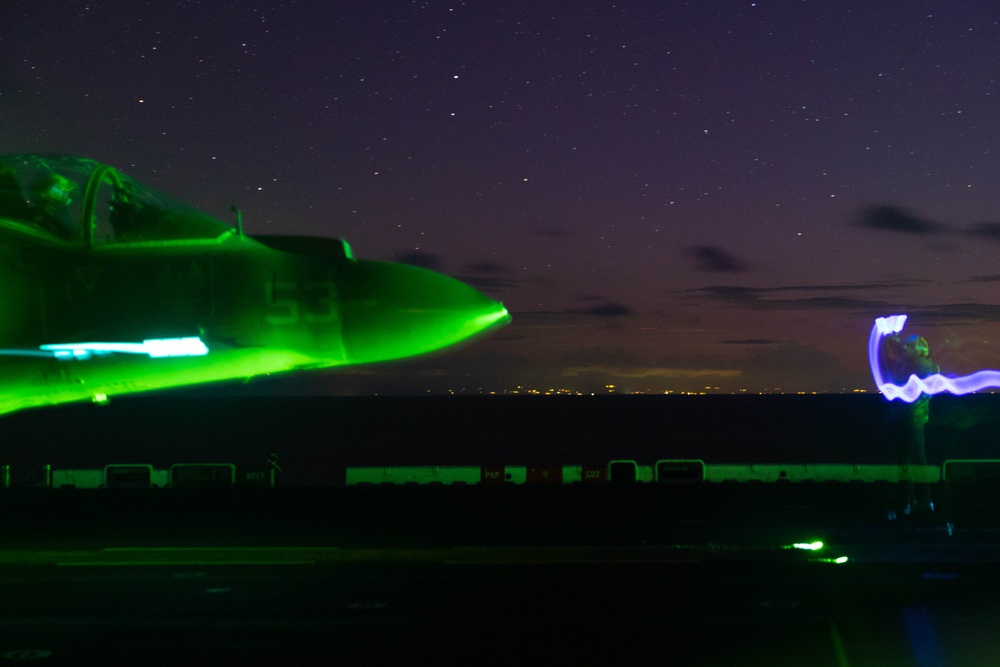 AV-8B Harrier Launches Off USS Bataan At Night