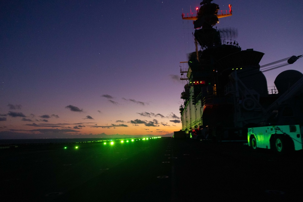 AV-8B Harrier Launches Off USS Bataan At Night