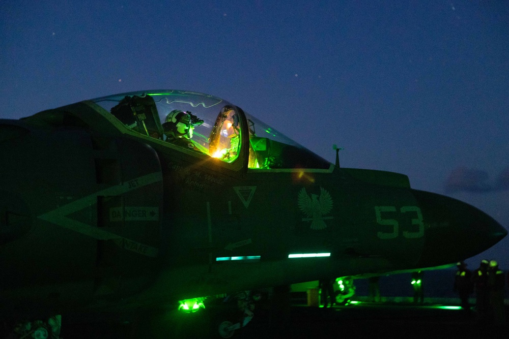 AV-8B Harrier Launches Off USS Bataan At Night