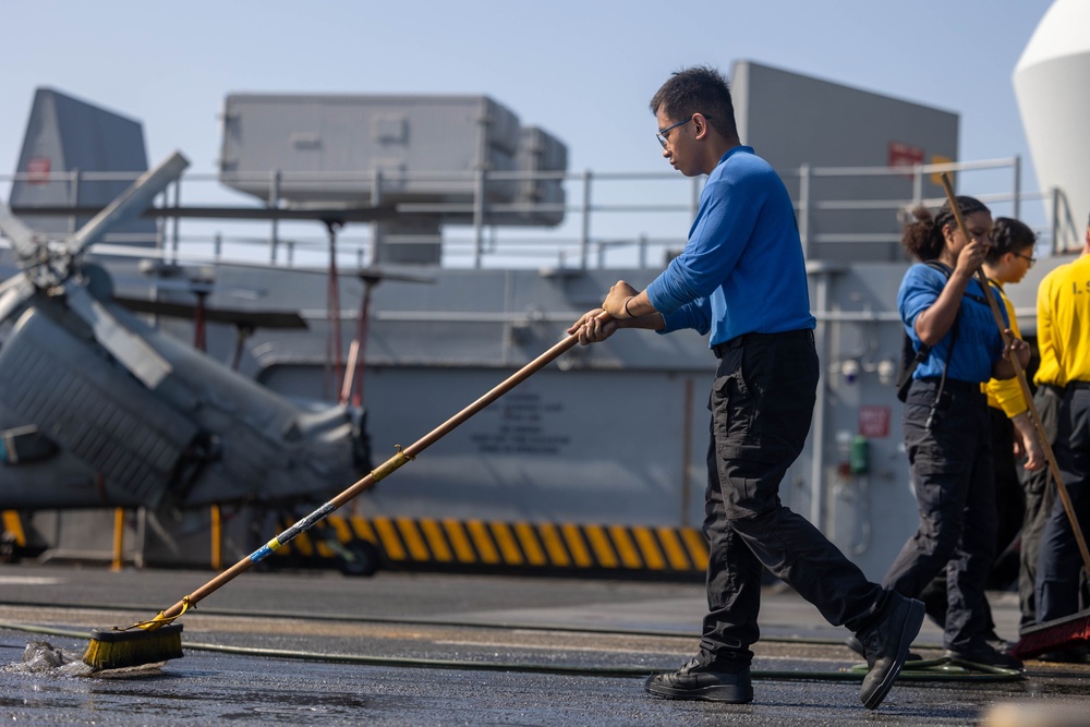 USS Bataan Sailors Scrub the Flight Deck