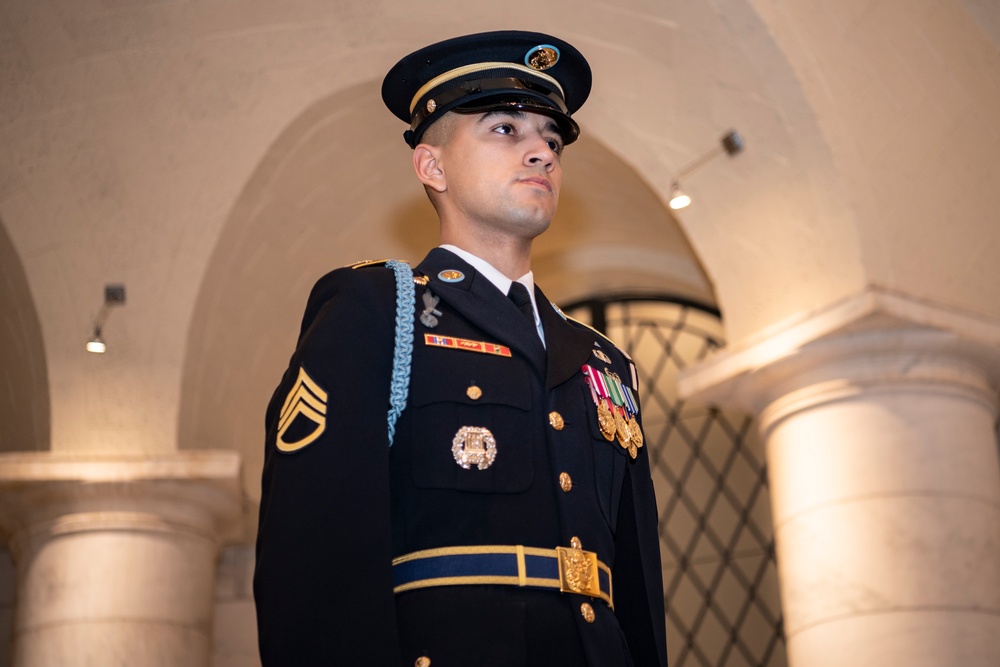 U.S. Army Staff Sgt. Isaiah Jasso-Campagna earns the Guard, Tomb of the Unknown Soldier Identification Badge