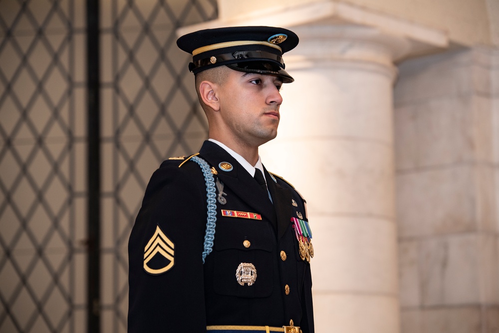 U.S. Army Staff Sgt. Isaiah Jasso-Campagna earns the Guard, Tomb of the Unknown Soldier Identification Badge