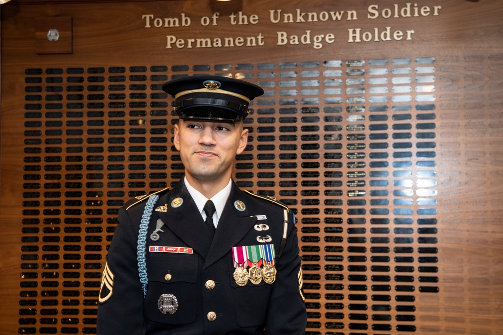 U.S. Army Staff Sgt. Isaiah Jasso-Campagna earns the Guard, Tomb of the Unknown Soldier Identification Badge