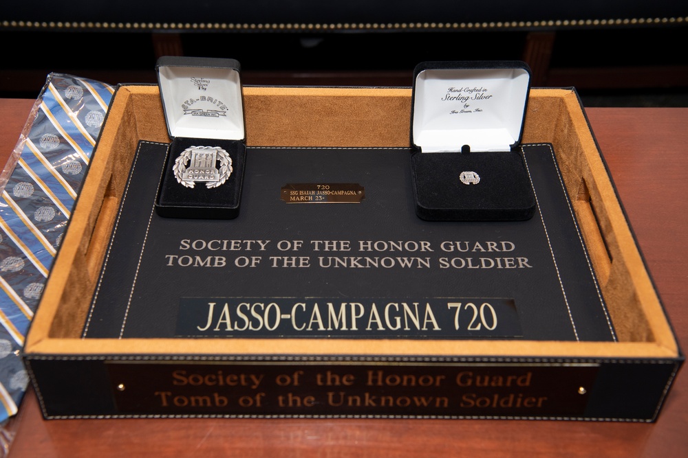 U.S. Army Staff Sgt. Isaiah Jasso-Campagna earns the Guard, Tomb of the Unknown Soldier Identification Badge