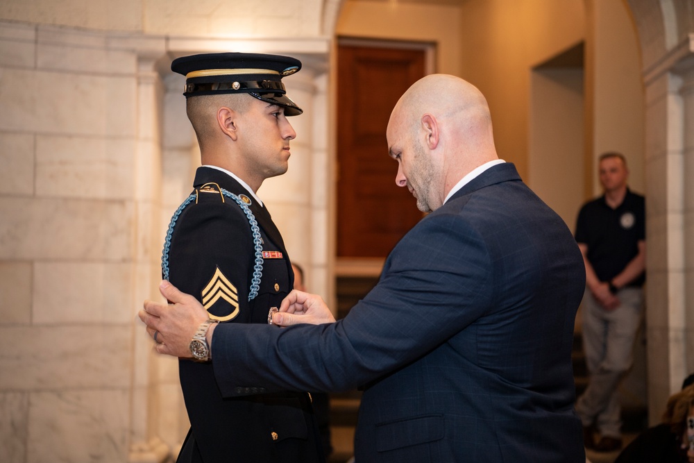 U.S. Army Staff Sgt. Isaiah Jasso-Campagna earns the Guard, Tomb of the Unknown Soldier Identification Badge