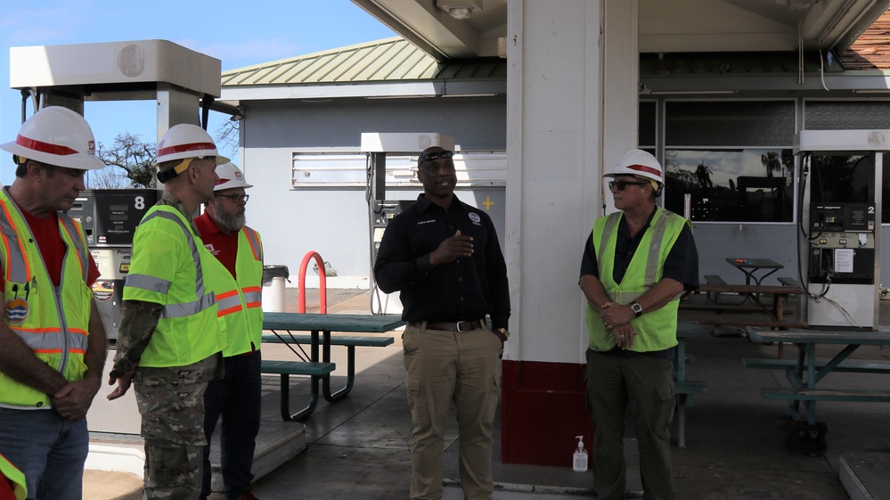 Maj. Gen. William “Butch” Graham U.S. Army Corps of Engineers, Headquarters Deputy Commanding Gen., receives updates on the wildfire recovery mission during a site visit to impacted areas in Lahaina, Hawaii, Jan. 10.