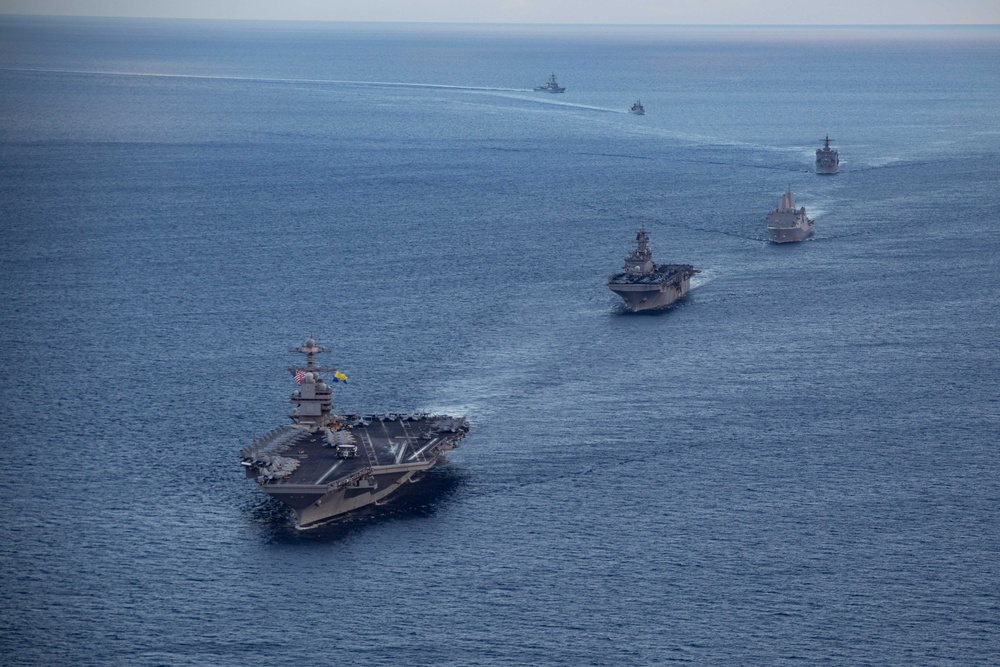 USS Bataan Amphibious Ready Group and USS Gerald R. Ford Carrier Strike Group Sail in the Mediterranean Sea