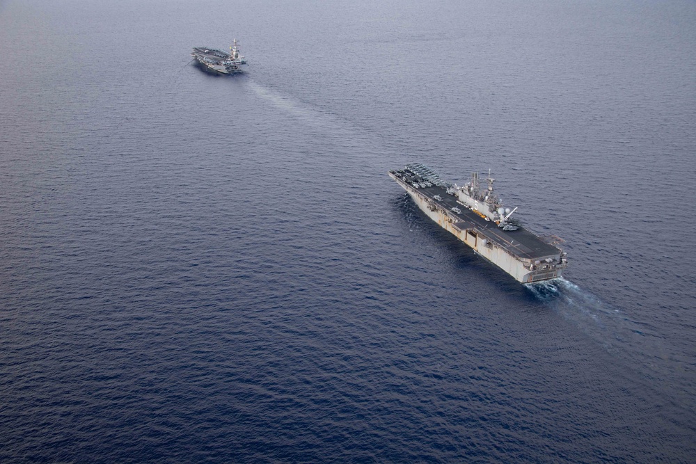 USS Bataan Amphibious Ready Group and USS Gerald R. Ford Carrier Strike Group Sail in the Mediterranean Sea