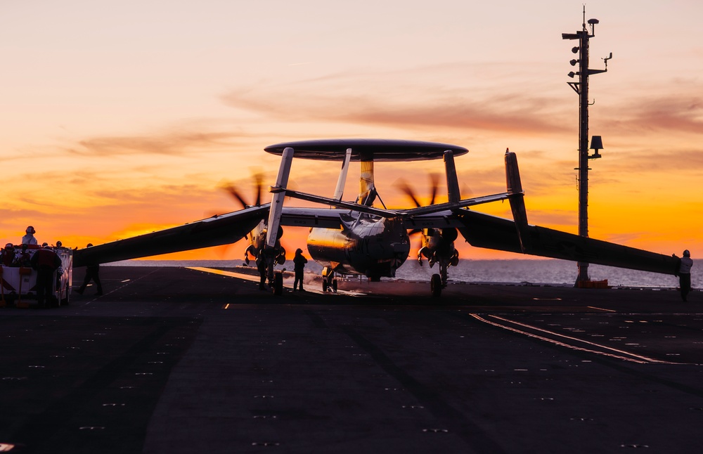 E-2D Hawkeye Flight Operations at Sunset