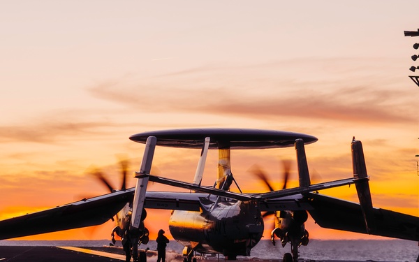 E-2D Hawkeye Flight Operations at Sunset