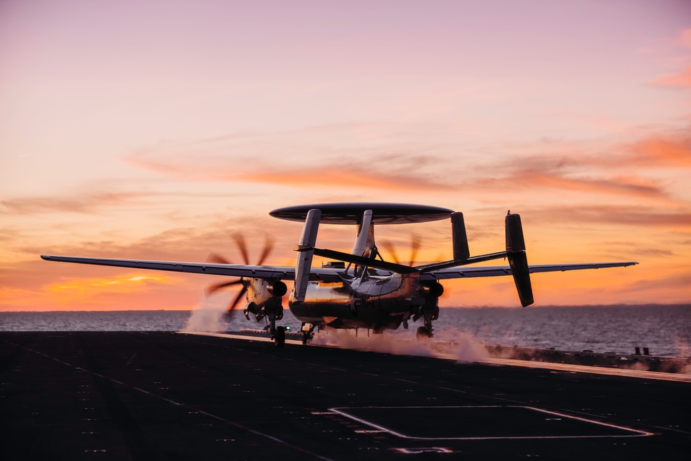 E-2D Hawkeye Flight Operations at Sunset