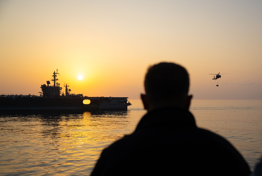 USS Mason Conducts a Vertical Replenishment with USS Dwight D. Eisenhower in support of Operation Prosperity Guardian