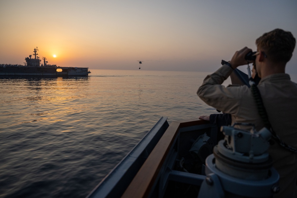 USS Mason Conducts a Vertical Replenishment with USS Dwight D. Eisenhower in support of Operation Prosperity Guardian