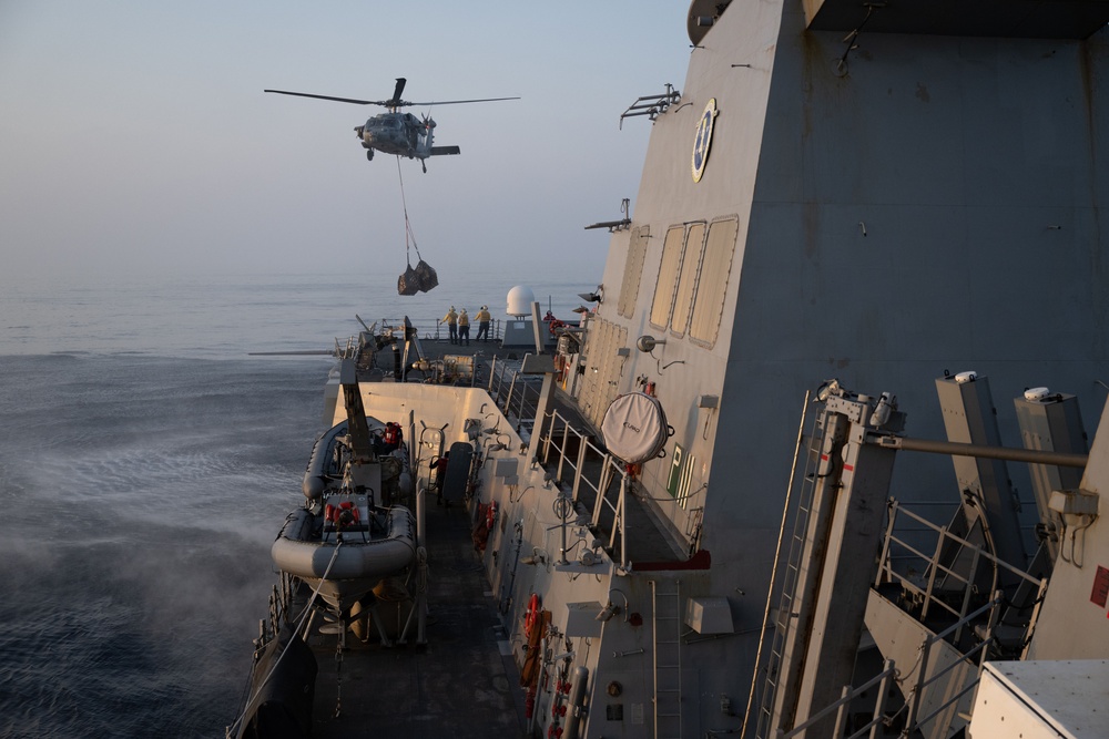 USS Mason Conducts a Vertical Replenishment with USS Dwight D. Eisenhower in support of Operation Prosperity Guardian