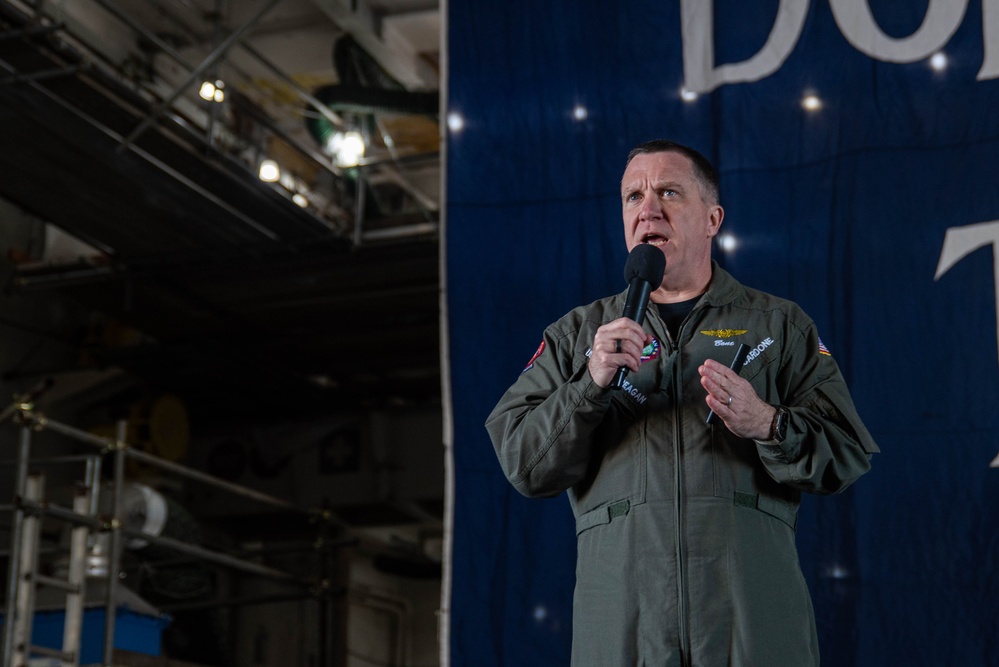 USS Ronald Reagan (CVN 76) holds all-hands call