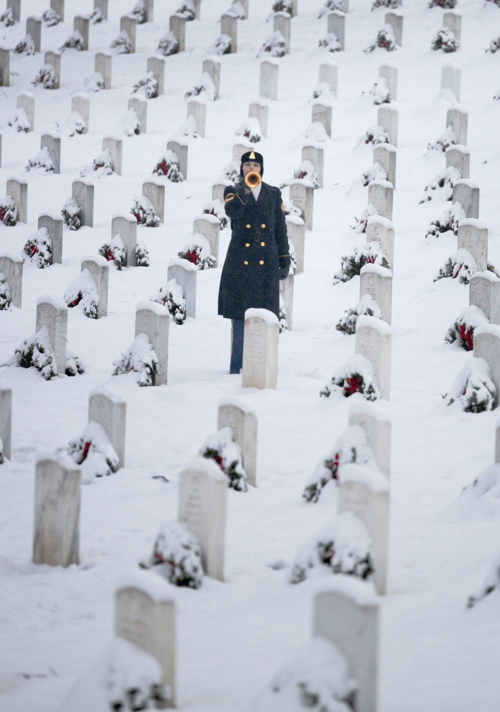U.S. Army Band Bugler in Snowstorm