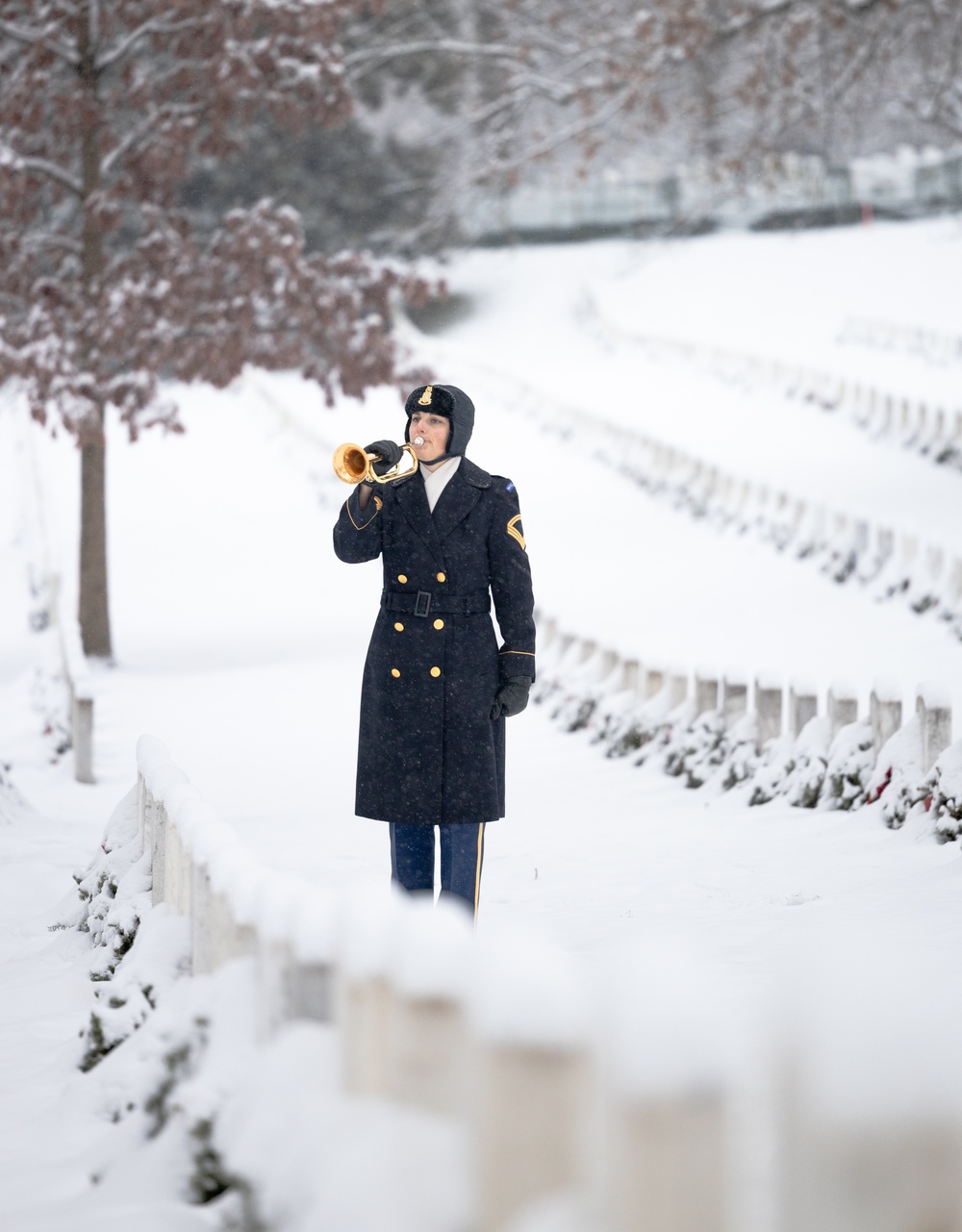 U.S. Army Band Bugler in Snowstorm