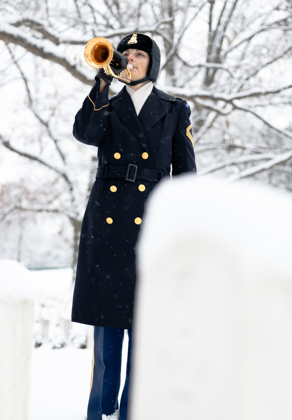 U.S. Army Band Bugler in Snowstorm