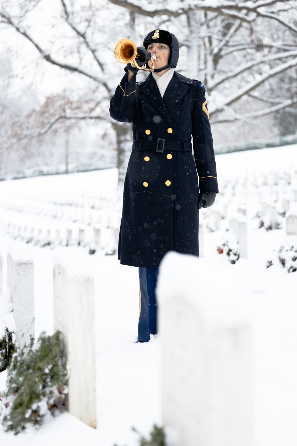 U.S. Army Band Bugler in Snowstorm