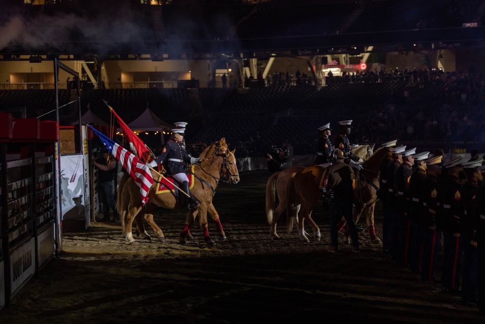 U.S. Marine Corps Mounted Color Guard performs at San Diego Rodeo 2024