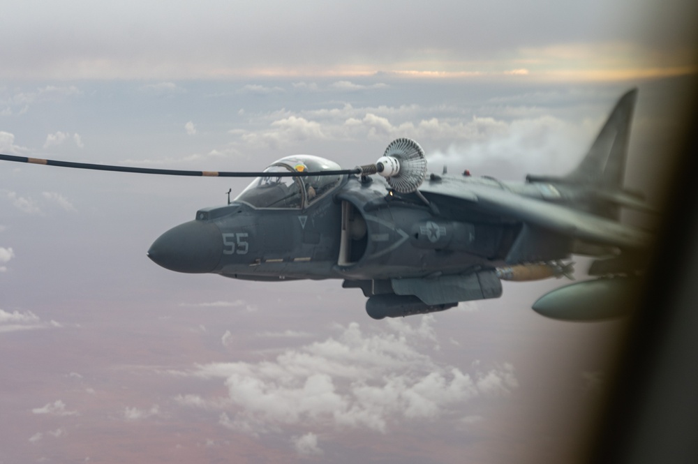 U.S. Marine Corps AV-8B Harriers refuel in CENTCOM AOR