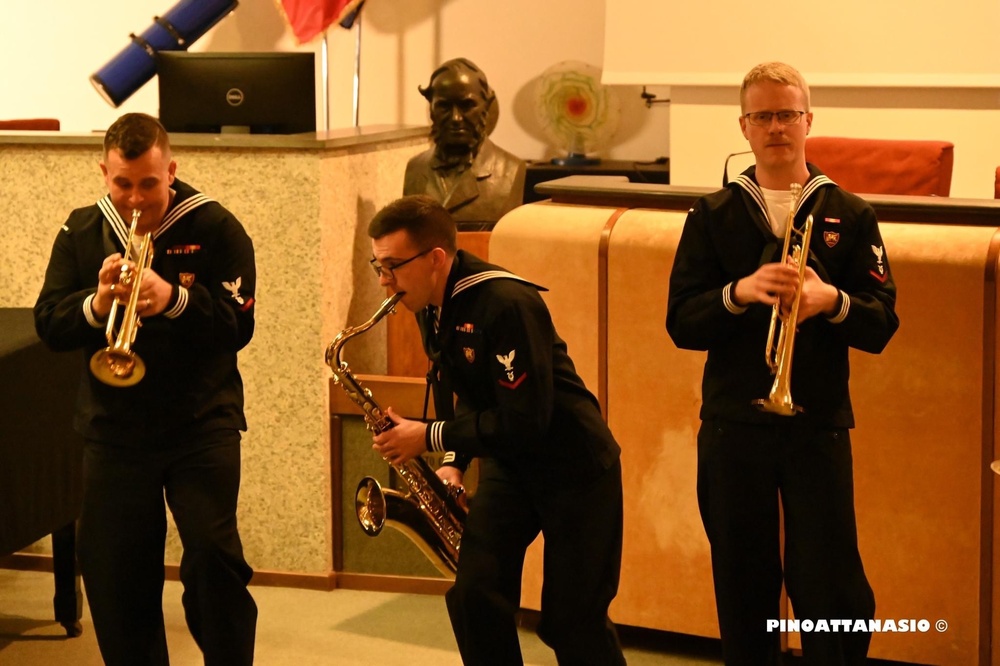 U.S. Naval Forces Europe and Africa Band’s Brass Band, Topside performs at the Naples Observatory.