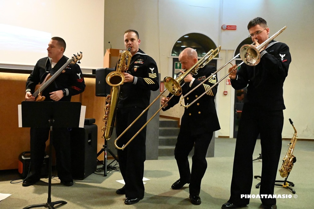 U.S. Naval Forces Europe and Africa Band’s Brass Band, Topside performs at the Naples Observatory.