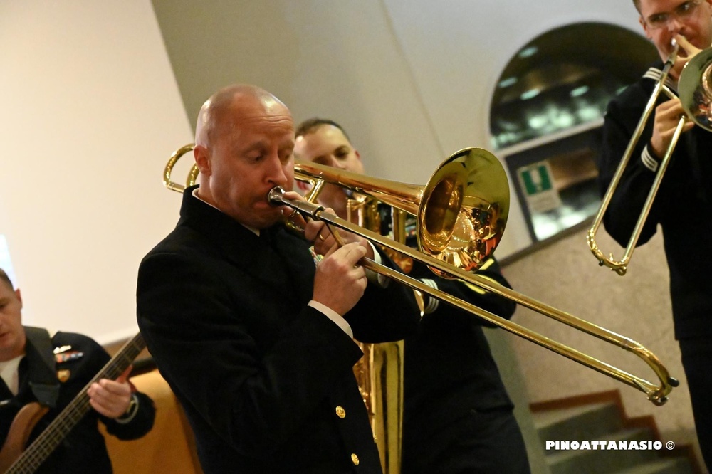 U.S. Naval Forces Europe and Africa Band’s Brass Band, Topside performs at the Naples Observatory.