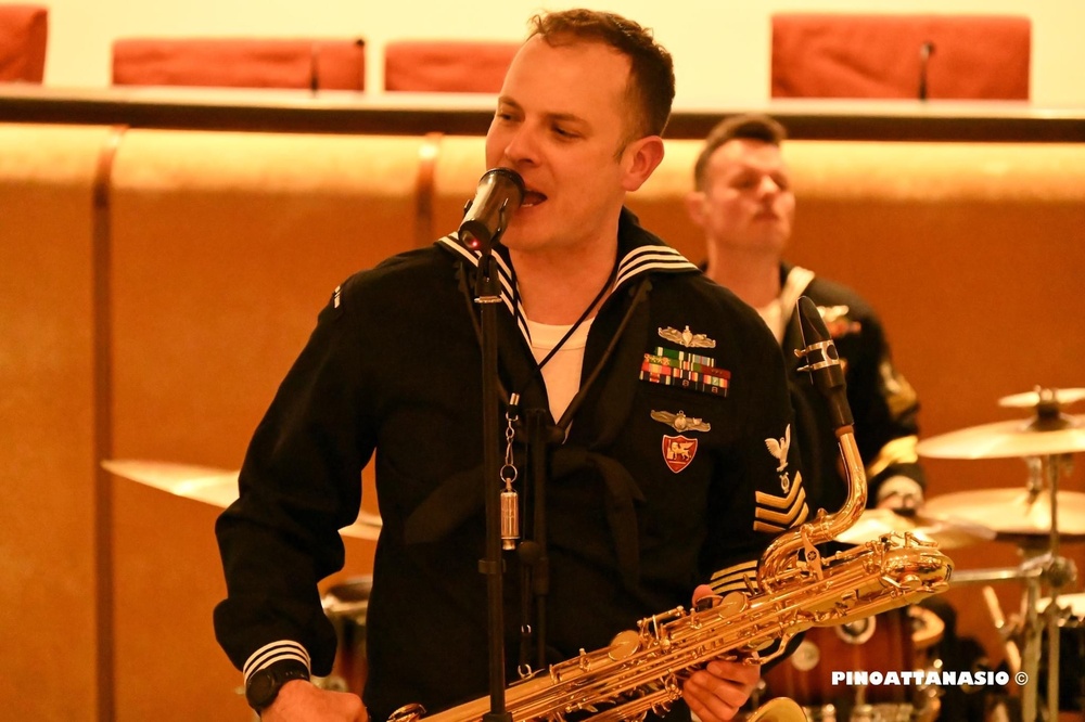 U.S. Naval Forces Europe and Africa Band’s Brass Band, Topside performs at the Naples Observatory.