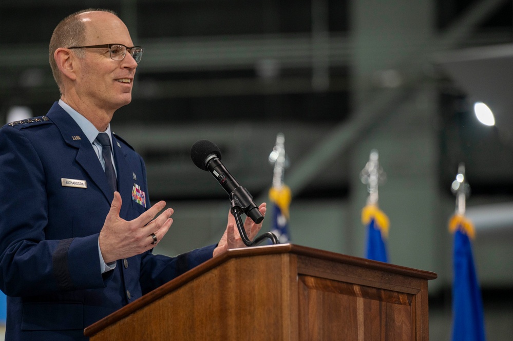 Gen Duke Richardson speaks during the assumption of command ceremony for Lt Gen Donna Shipton