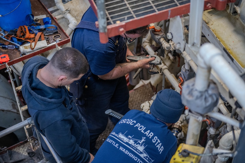 Coast Guard Cutter Polar Star (WAGB 10) engineering department conducts repairs underway