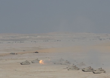 Qatari Armed Forces fire rounds from their Abrams M1A2 tanks during Exercise Ferocious Falcon 5