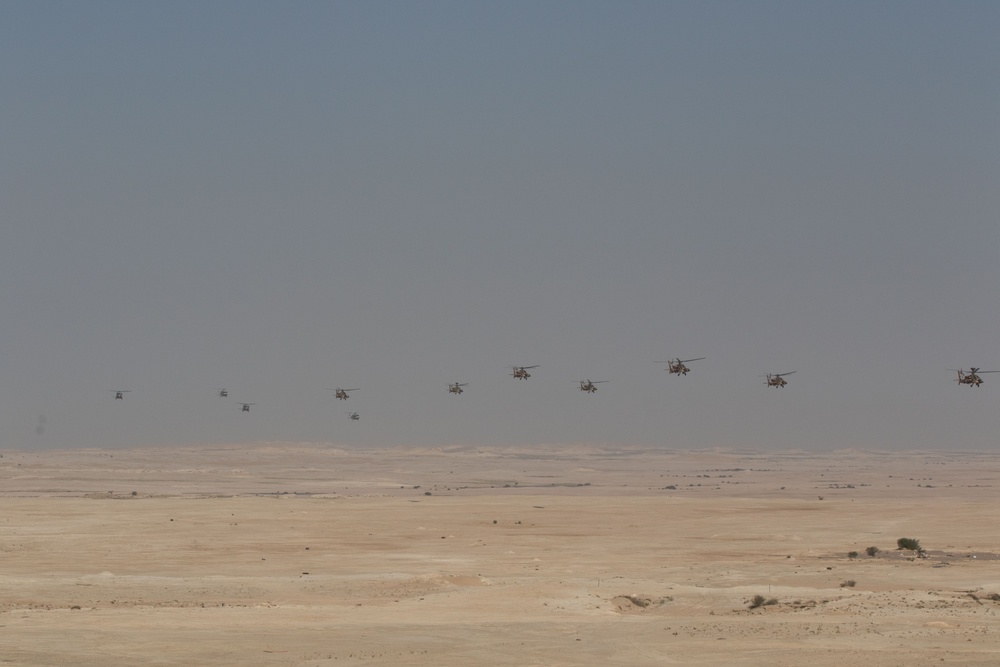 Qatari Armed Forces, U.S. Armed Forces, and other partner nations conducted an aerial fly-over during a combined arms live fire exercise during Exercise Ferocious Falcon 5