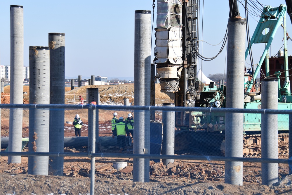 Army engineers construct a hangar on Camp Humphreys, South Korea