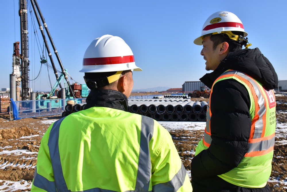 Army engineers construct a hangar on Camp Humphreys, South Korea