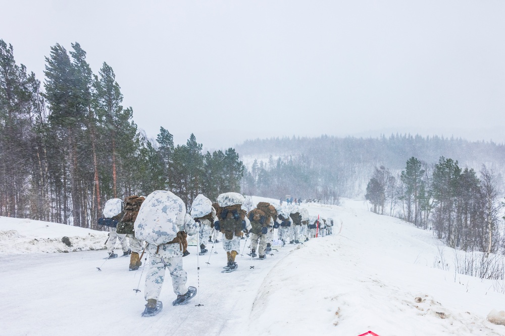 U.S. Marines with 2d LAAD and 1st Battalion, 2nd Marines hike in Norway in preparation for Exercise Nordic Response 24