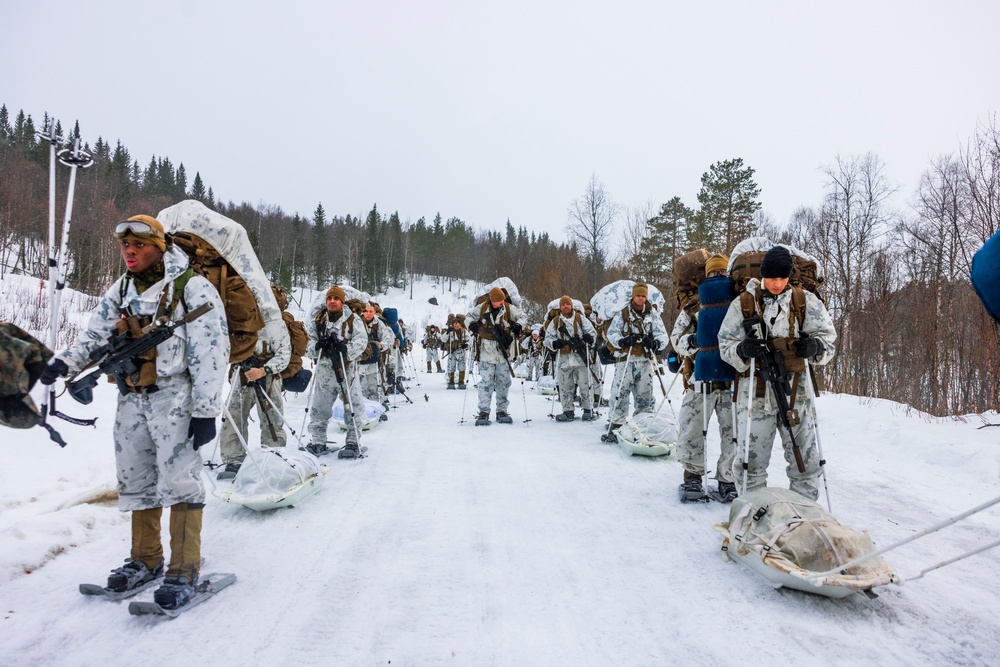 U.S. Marines with 2d LAAD and 1st Battalion, 2nd Marines hike in Norway in preparation for Exercise Nordic Response 24