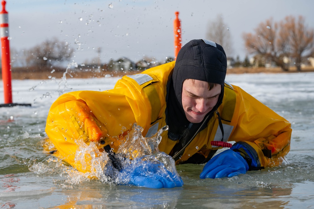 Fire fighters participate in ice rescue course