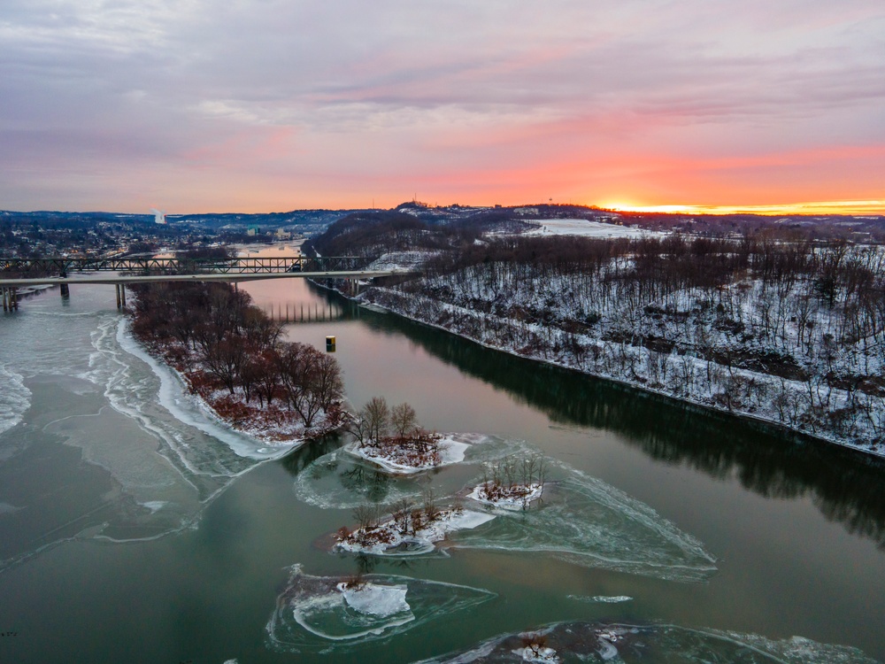 Aerial view of Pittsburgh District’s wintery rivers