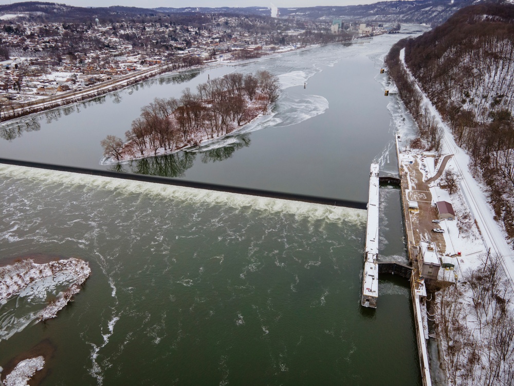 Aerial view of Pittsburgh District’s wintery rivers