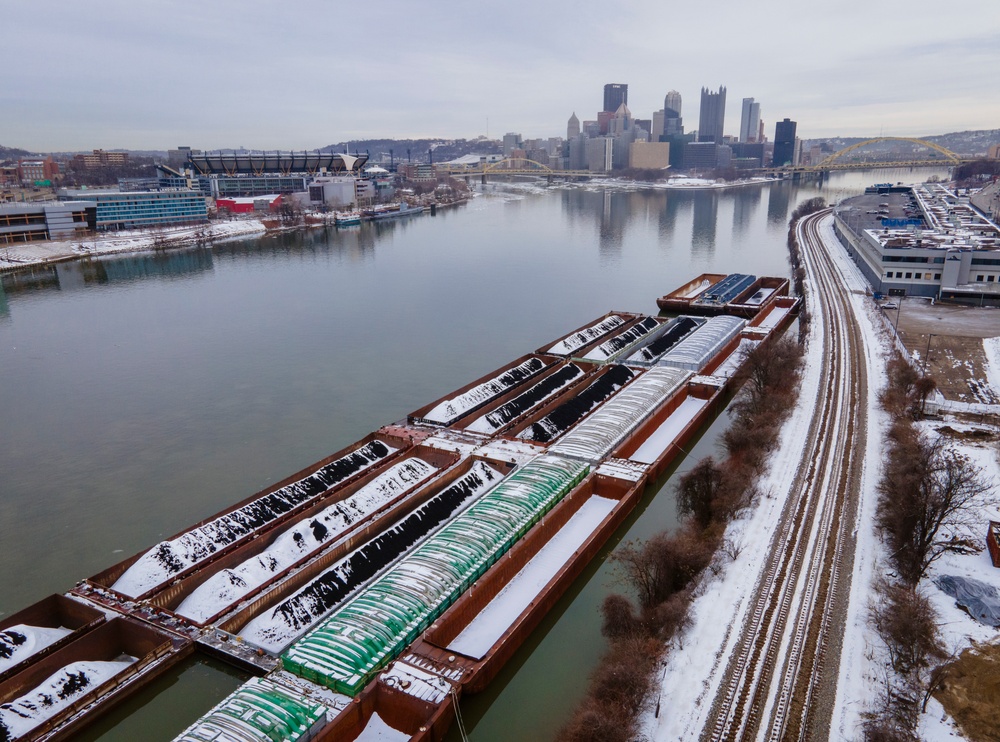 Aerial view of Pittsburgh District’s wintery rivers