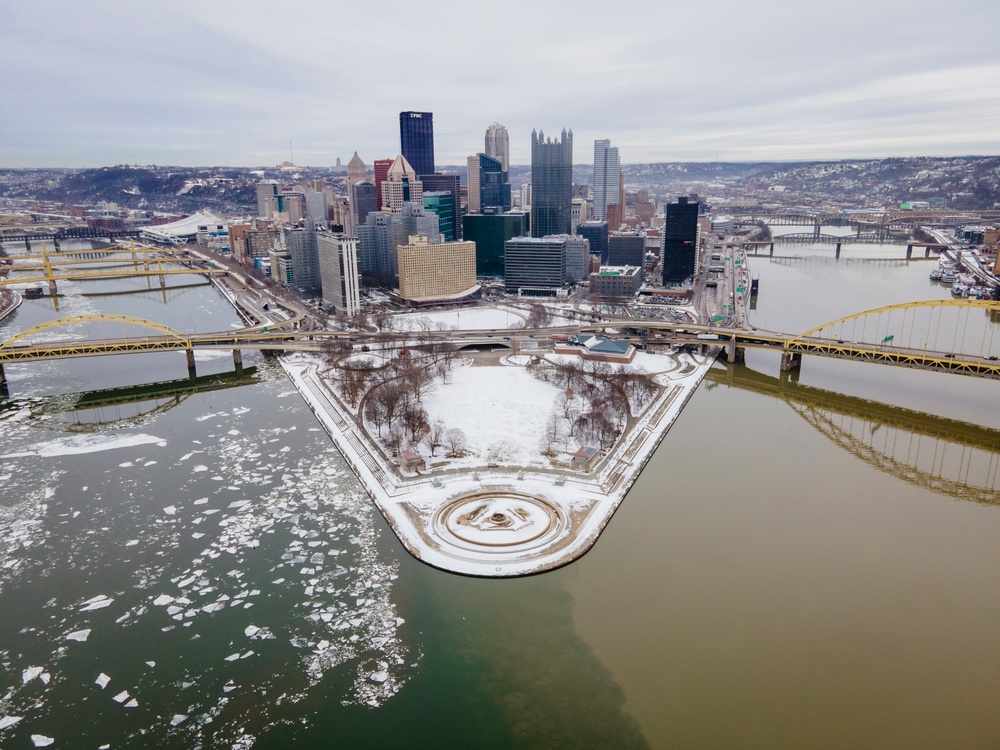 Aerial view of Pittsburgh District’s wintery rivers