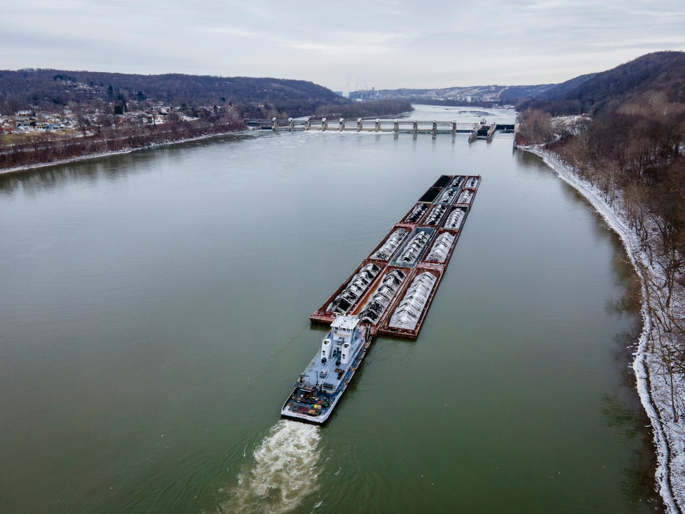 Aerial view of Pittsburgh District’s wintery rivers