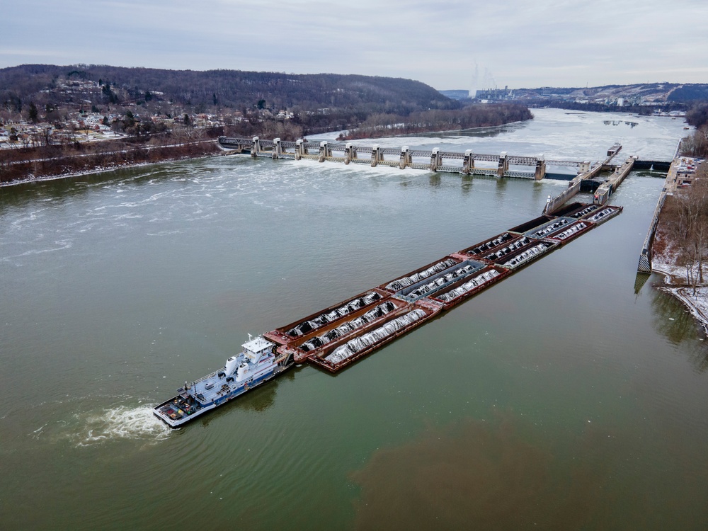 Aerial view of Pittsburgh District’s wintery rivers