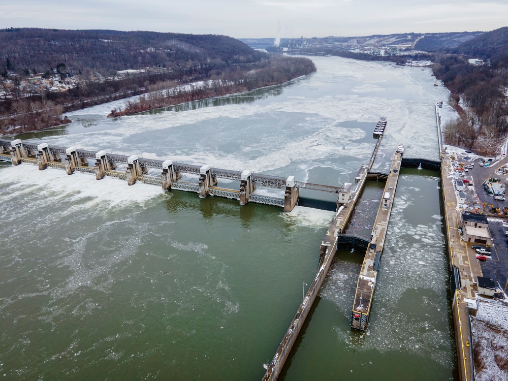 Aerial view of Pittsburgh District’s wintery rivers