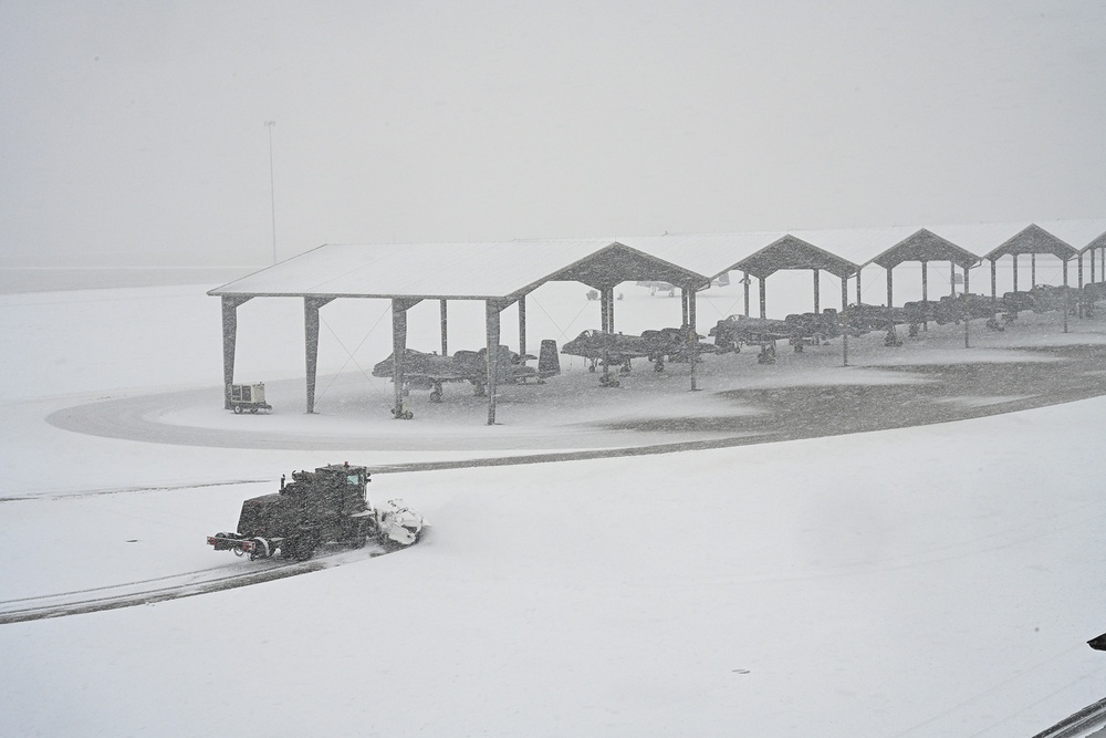 Plows Clear Tarmac at Selfridge Air National Guard Base During Winter Storm