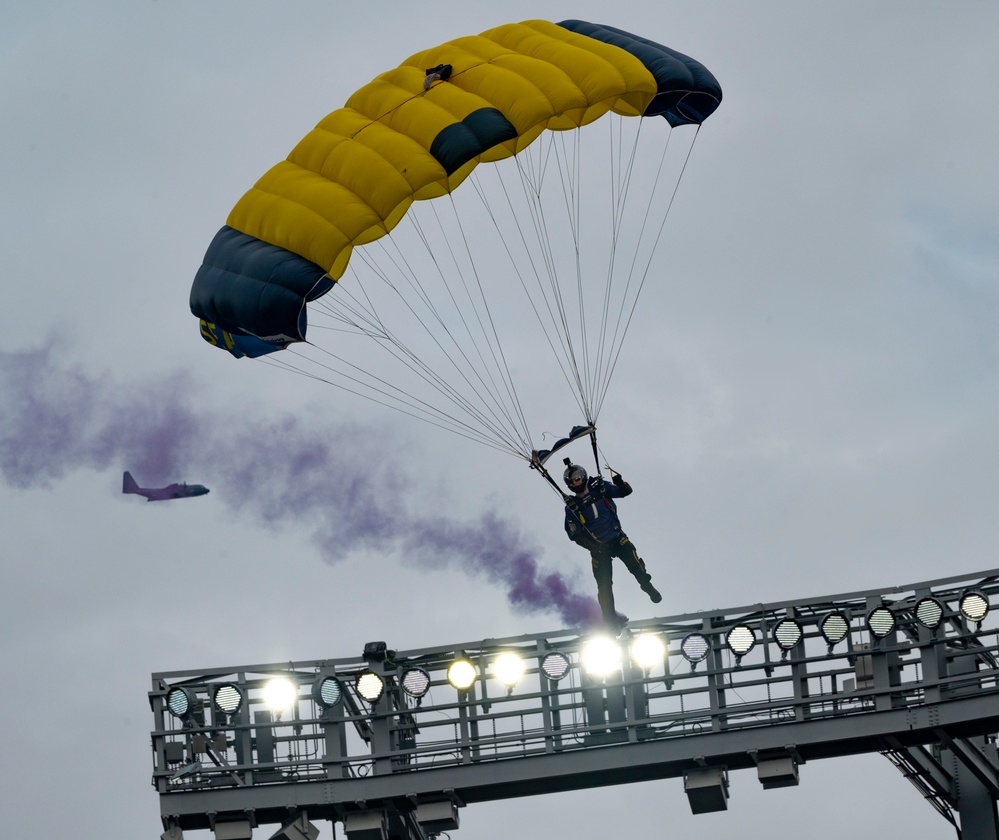 Unified Skies: Air Force and Navy collaboration takes center stage NFL AFC Championship game.