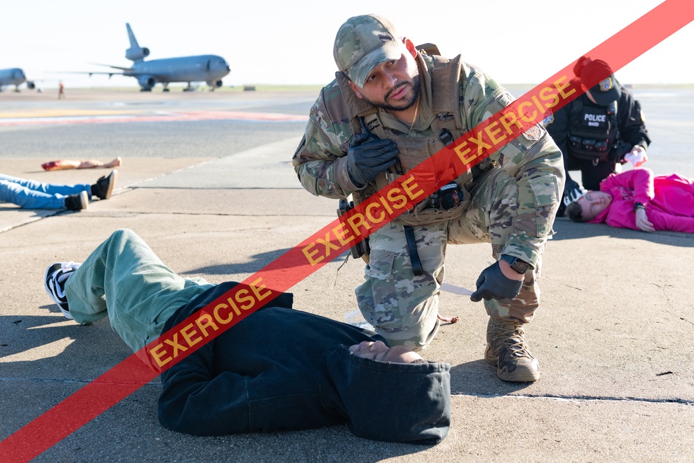 Security Forces calls for medical response during an exercise.