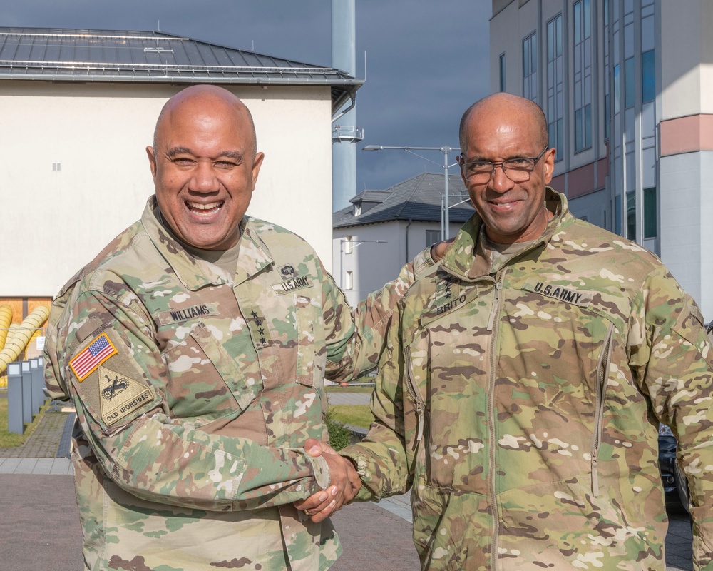 Gen. Darryl Williams welcomes Gen. Gary Brito at Clay Kaserne in Wiesbaden